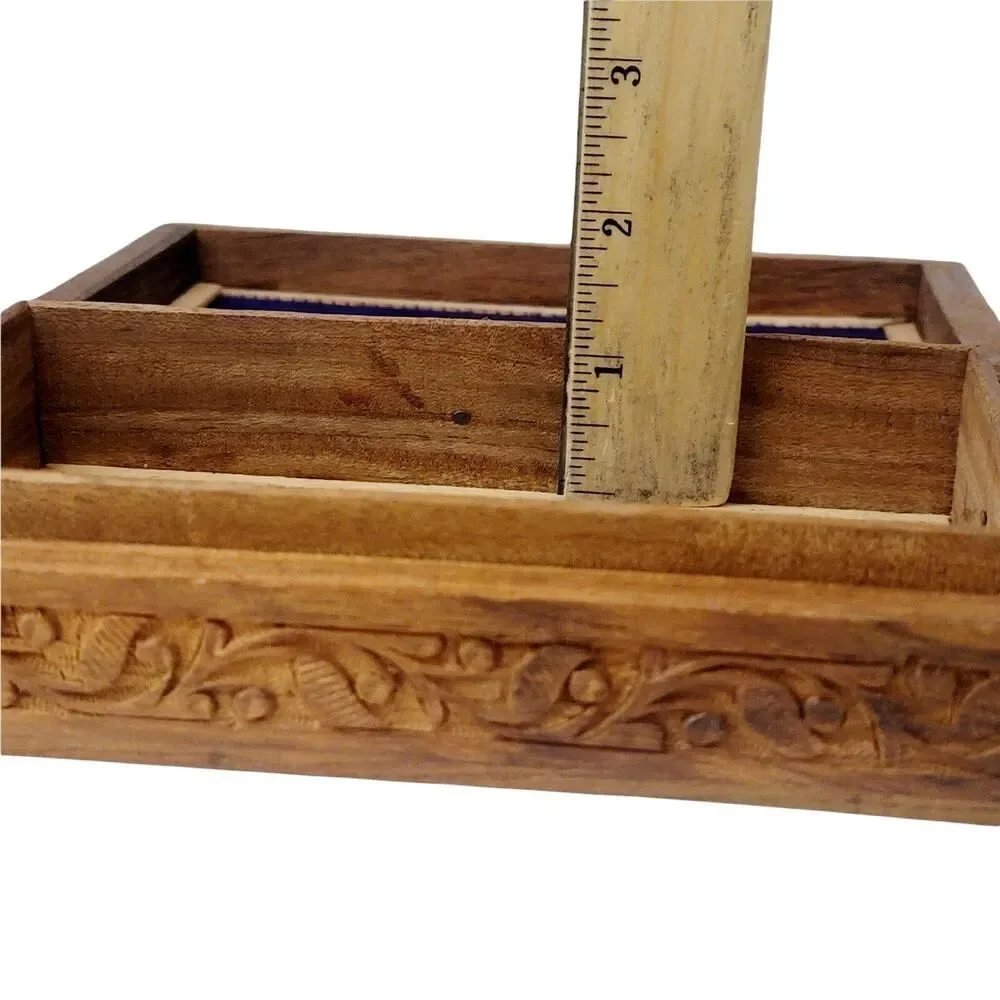 Hand Carved Wooden Box Flowers Trinket Jewelry‎ Blue Velvet Fabric Lined 8